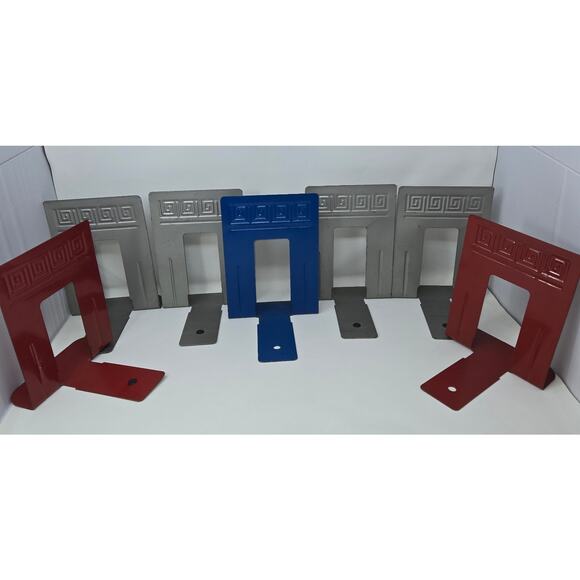 WT Rogers Greek Key Art Deco Bookends 7 Total Red Blue Grey 6" W x 8" H Vintage - Picture 1 of 16